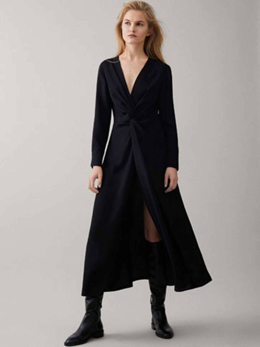 Massimo Ditti Black Long-Sleeve Twist Front Maxi Dress